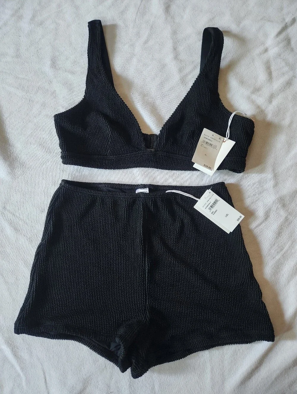Good American Black Textured Bikini Top Swim Shorts Set XL L/XL NWT